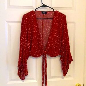 Vici Polka Dot Tie-Front Blouse